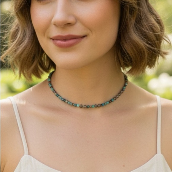 💎 Luxurious Boho Chic: Turquoise & Smoky Quartz Choker Necklace 💎 - Picture 2 of 2